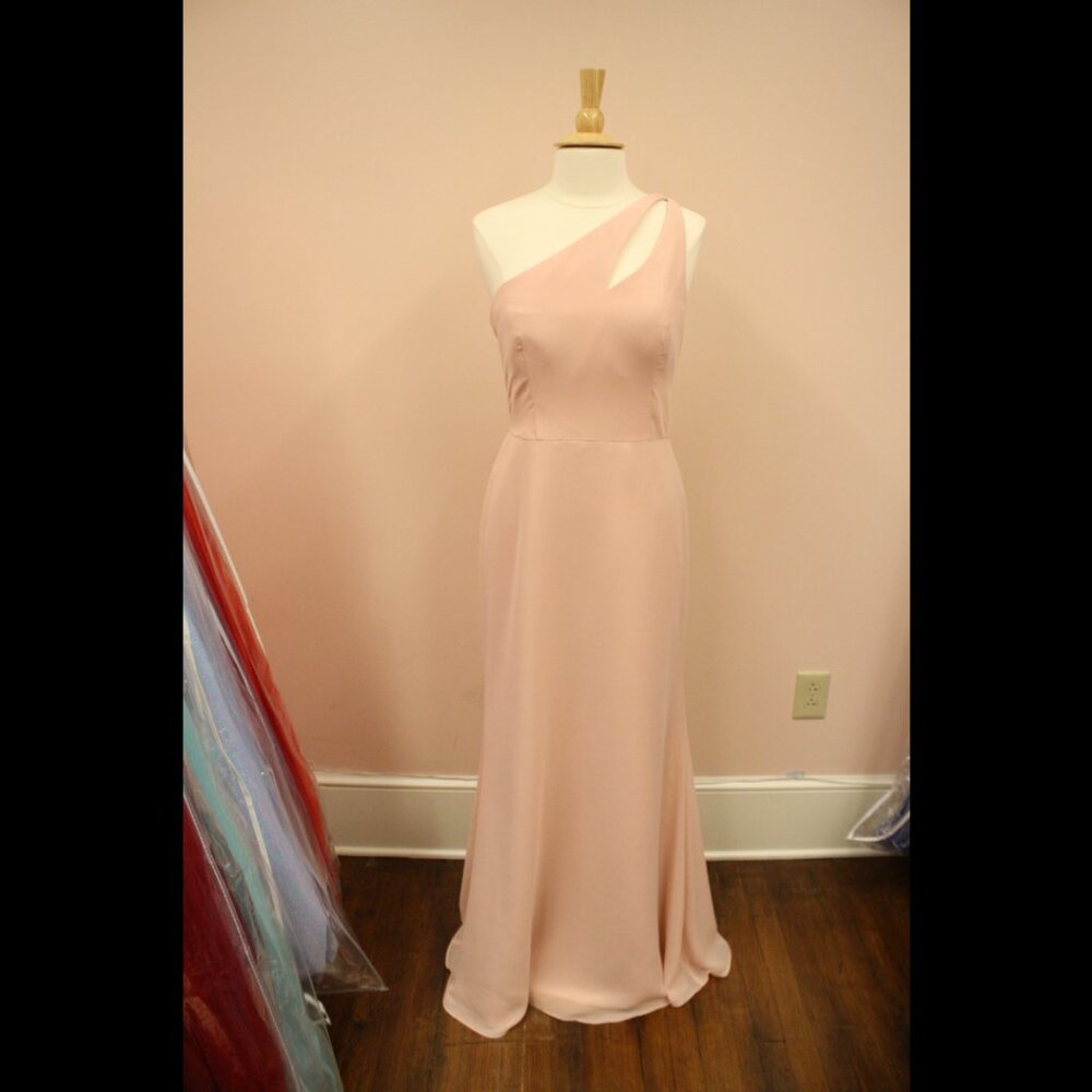Hayley Paige Occasios #52004  Long chiffon one shoulder bridemaid rose size 12